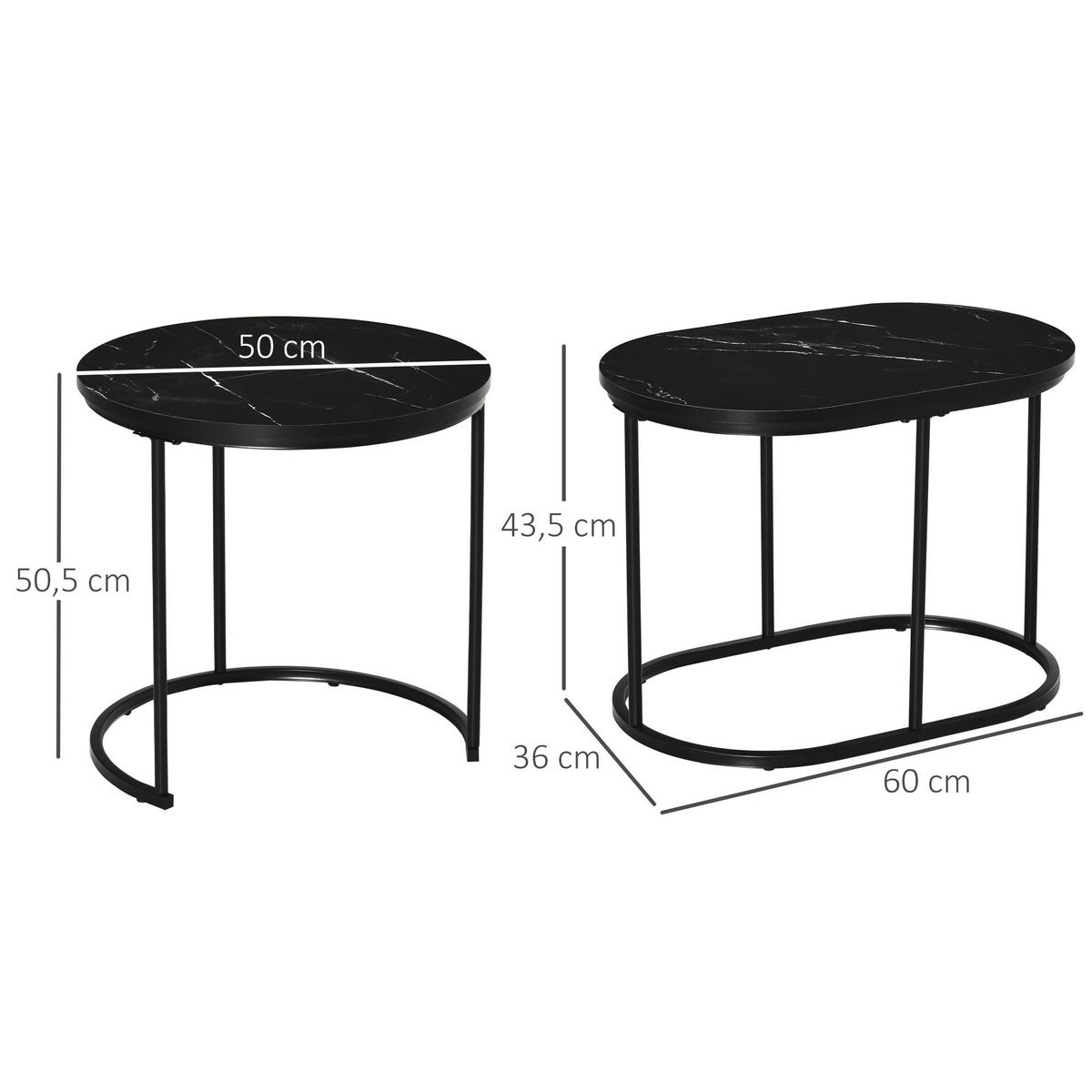 2ER Set Couchtisch Satztisch Rund mit Faux Marmor Seite bis 30 kg Stahl Schwarz - Schwarz, Metall (50/50/50.5cm) - HOMCOM
