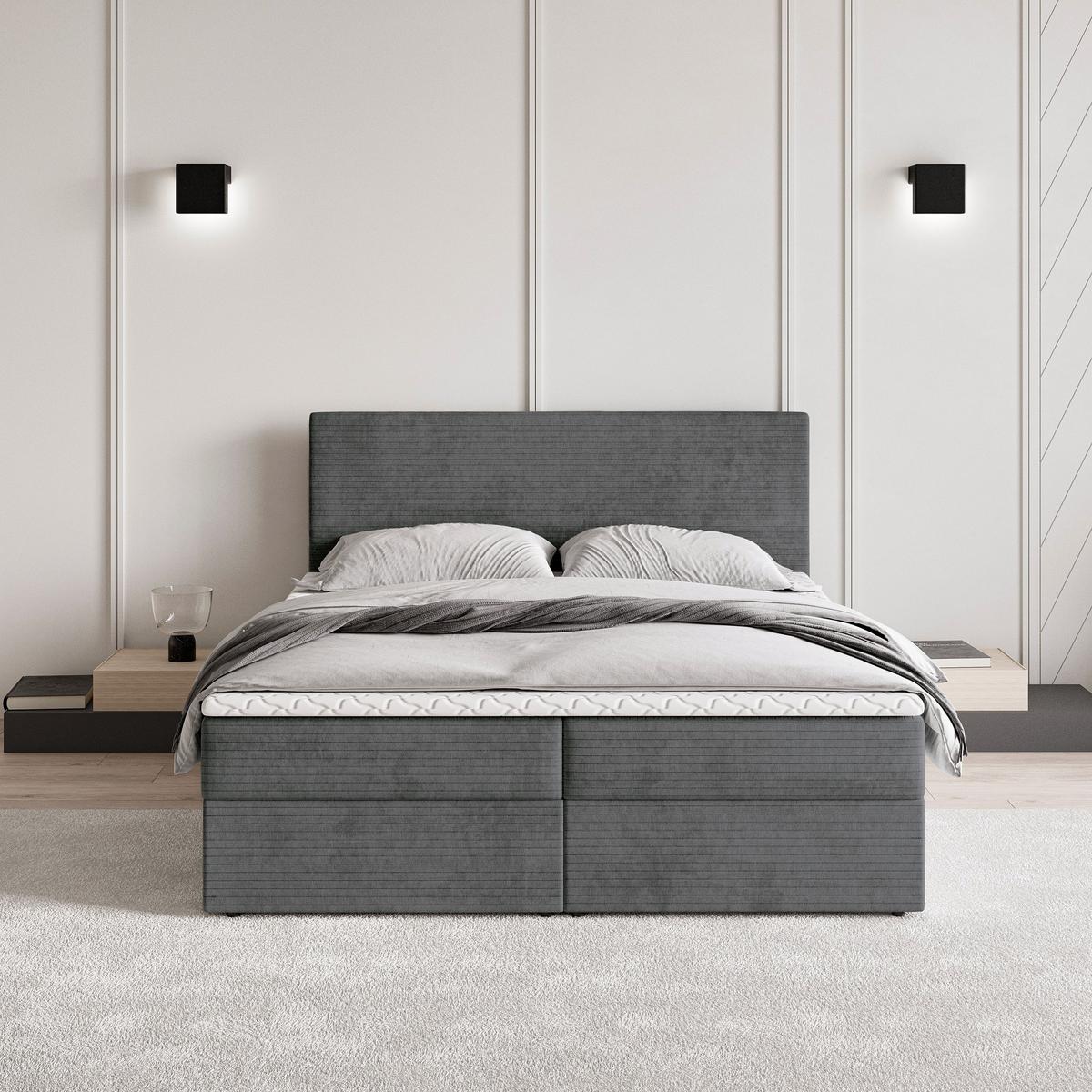 BOXBETT NIRA 180x200 cm mit Matratze und Topper - Grau - Grau, Holz (180/200cm) - MASSENO