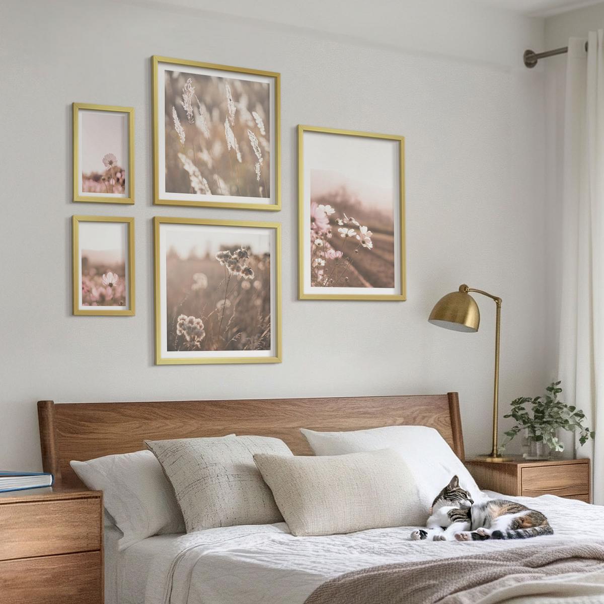 BILDER SET 5er Set - 50x50 cm & 20x30 cm & 40x60 cm Goldrahmen - Wildblumen auf den Wiesen im Sommer - Goldfarben, Kunststoff (40/60cm) - TULUP
