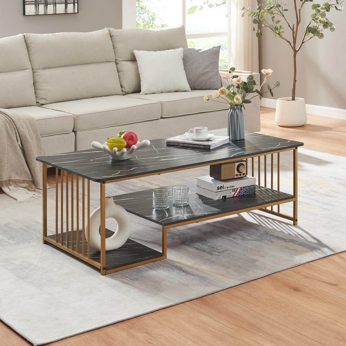 COUCHTISCH Klibro 120/60/42 cm - Goldfarben/Schwarz, Holzwerkstoff/Metall (60/120/42cm) - [en.casa]