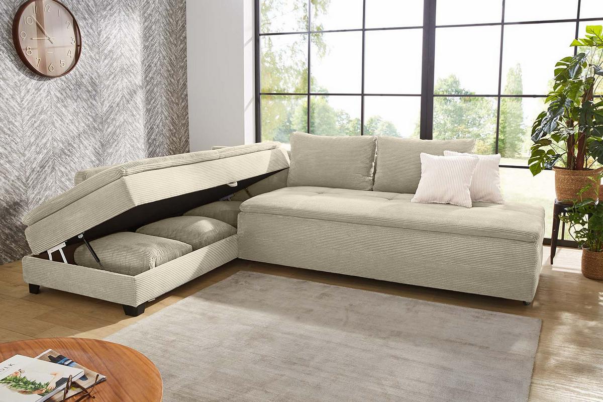 ECKSOFA-DAUERSCHLÄFER Doppelbett Boxspring Federkern Topper, seitenverkehrt montierbar B306/T223/H95 cm, Cord Beige Grau / 15161 - Greige/Schwarz, Kunststoff/Textil (306/223cm) - luma-home