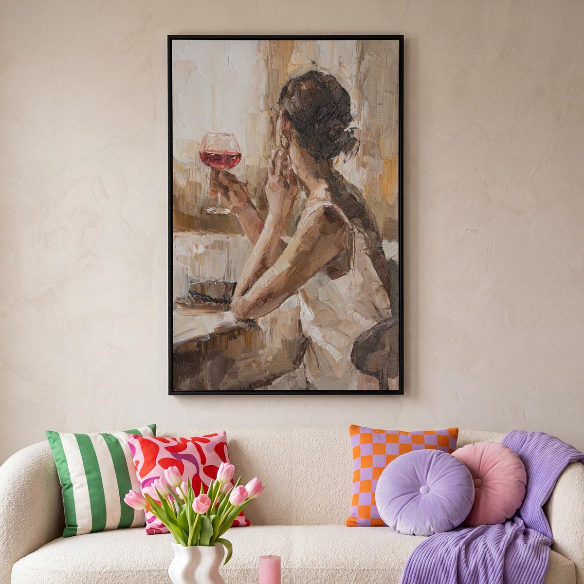 LEINWAND Bilder mit Rahmen - Ölgemälde - Frau - Wein - 80x120 - Hellbraun, Textil (80/120cm) - MuchoWow