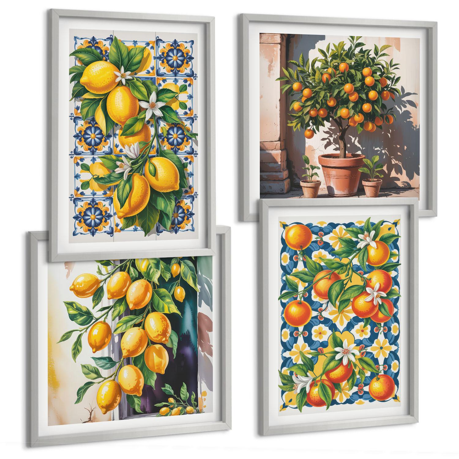 BILDER SET 4er Set - 50x50 cm & 40x60 cm Silberner Rahmen - Farbenfrohe abstrakte Zitrusfrüchte - Silberfarben, Kunststoff (50/50cm) - TULUP