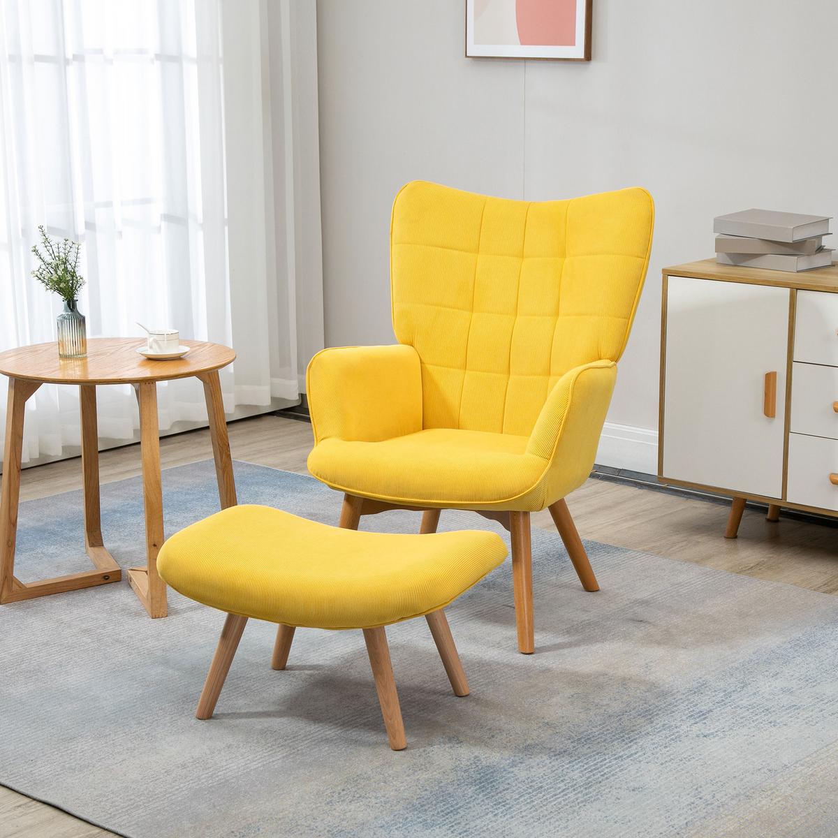 OHRENSESSEL mit Hocker, Relaxsessel, Polstersessel in Cord-Optik, mit Holzbeine - Gelb/Buchefarben, Holz/Buchenholz (80/101/72cm) - HOMCOM