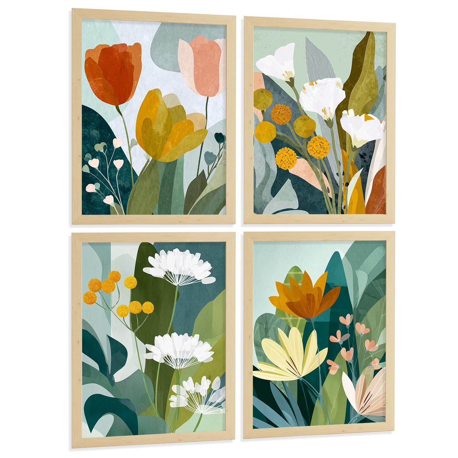 POSTER 4er-Set dekorative Badezimmerdrucke, moderne abstrakte florale Wandposter farbenfrohe nordische Dekoration Leichter Holzrahmen A4 - Beige, Papier (29.7/21/3cm) - Nacnic