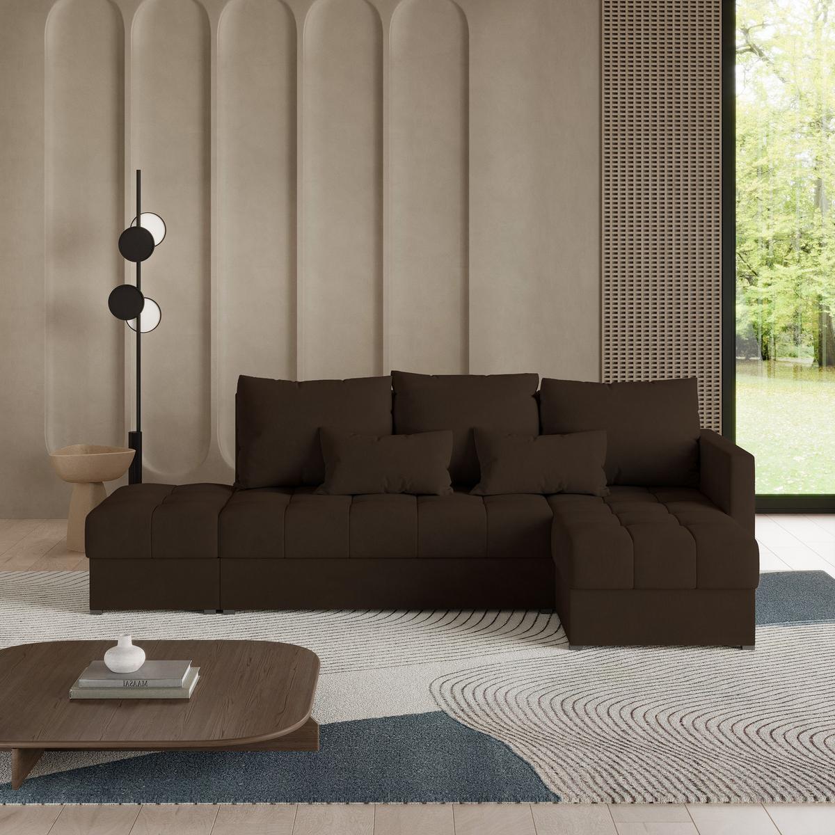ECKSOFA LUMARI R-S Braun Plüsch-Stoff mit Schlaffunktion - Braun, Holz (262/143cm) - MASSENO