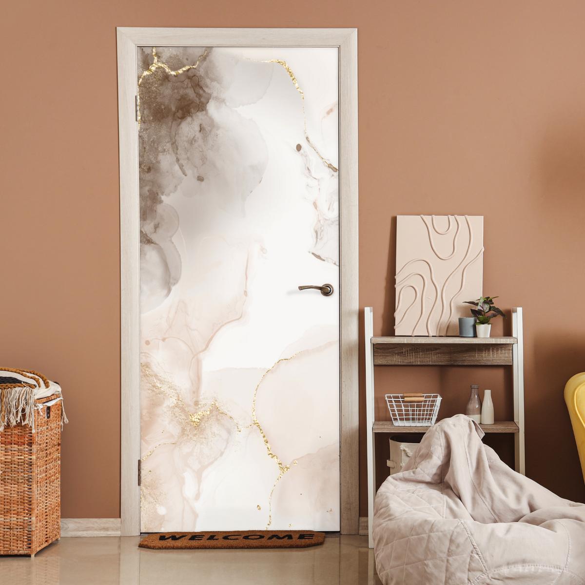 TÜRAUFKLEBER Marmor - Braun - Linie 90x215 cm - Türtapete - Champagner, Kunststoff (90/0.1cm) - MuchoWow