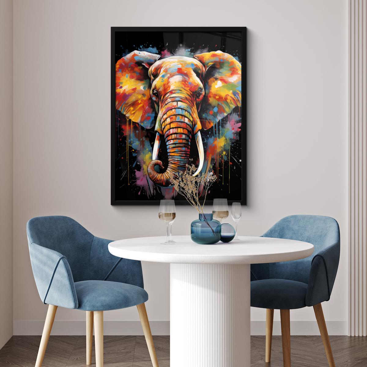 POSTER MIT RAHMEN Elefant - Graffiti - Schwarz - Tiere - Farben Posterleiste 60x80 cm - Schwarz, Papier (60/80cm) - MuchoWow