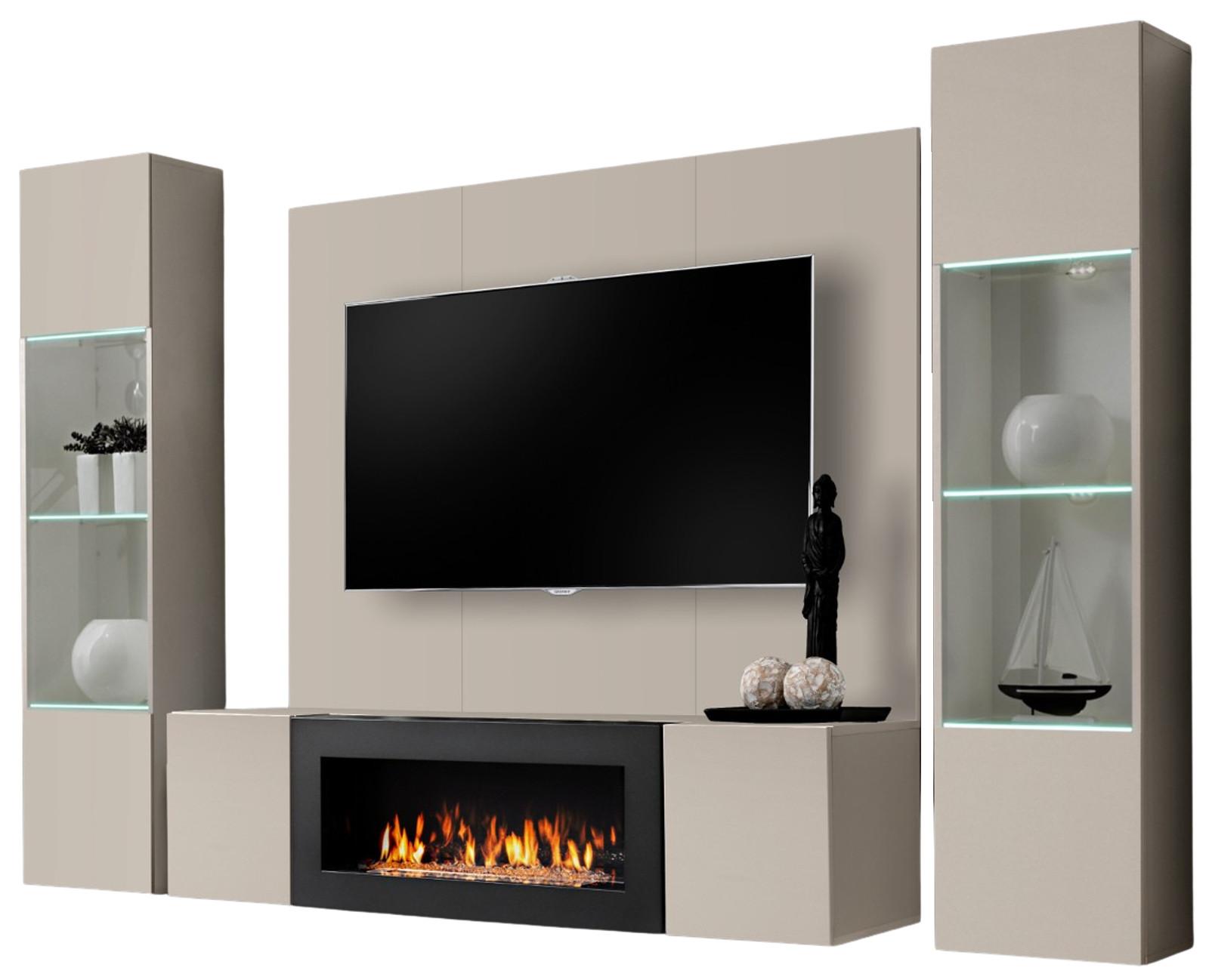 WOHNWAND Kaschmir 4-teilig 260 cm hängend, Anbauwand mit Ethanol Kamin - Kaschmir, Glas/Holzwerkstoff (260/170/40cm) - Inn.Furn