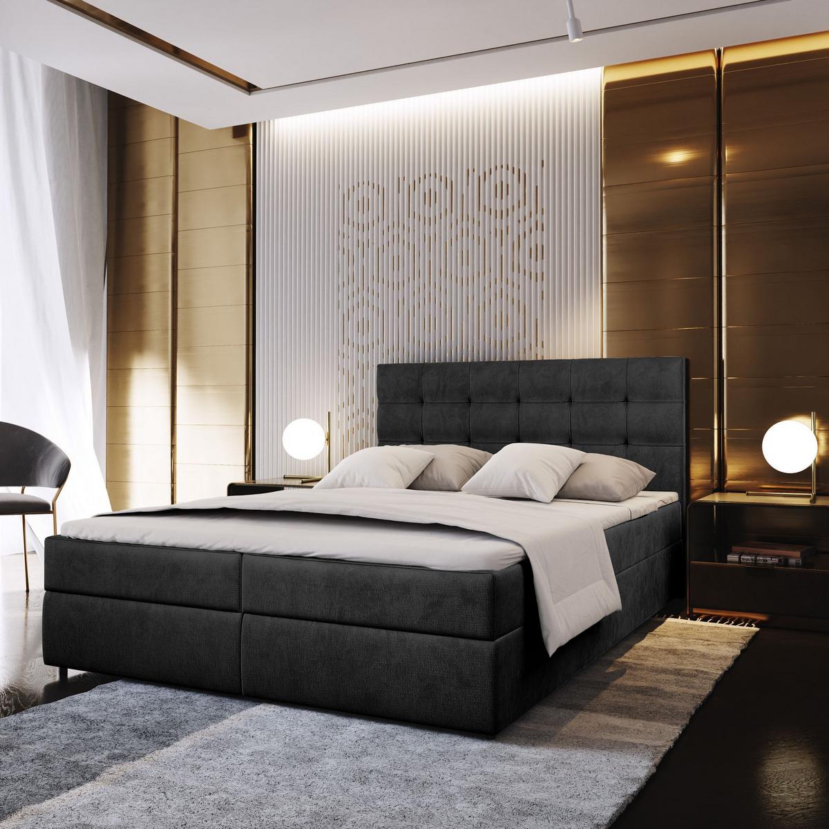 BOXBETT GLOS M 160x200 cm mit Matratze und Topper, H2+H3 - Schwarz - Schwarz, Holz (160/200cm) - MASSENO