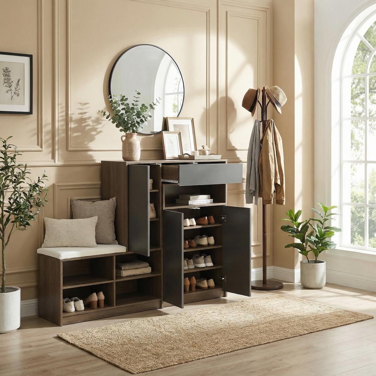 SCHUHSCHRANK in Grau mit Sitzkissen & grifflosen Türen - Grau, Holzwerkstoff (140/110/35cm) - Urban Meuble