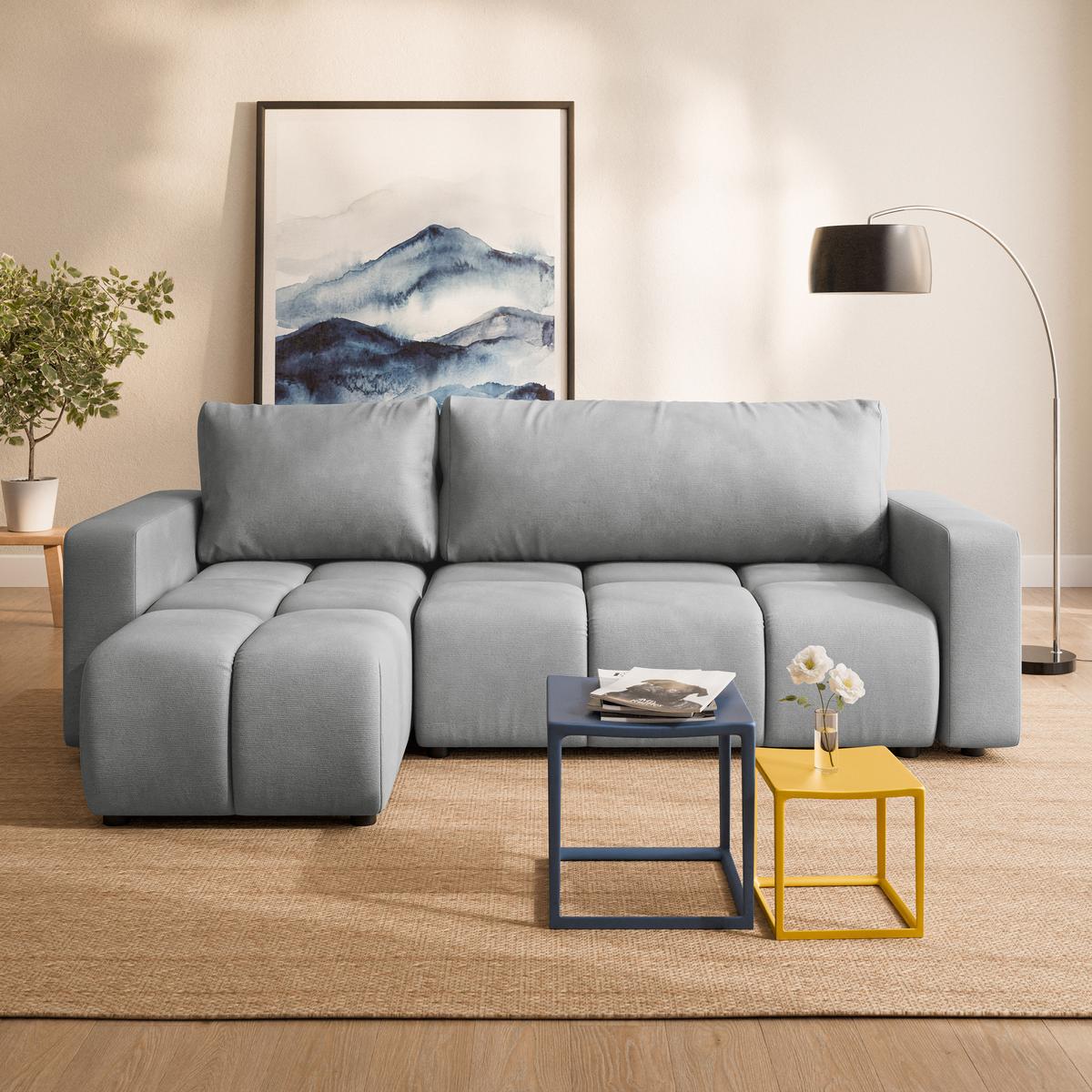 ECKSOFA RAMIL Hellgrau Plüsch-Stoff mit Schlaffunktion - Hellgrau, Holz (240/149cm) - MASSENO