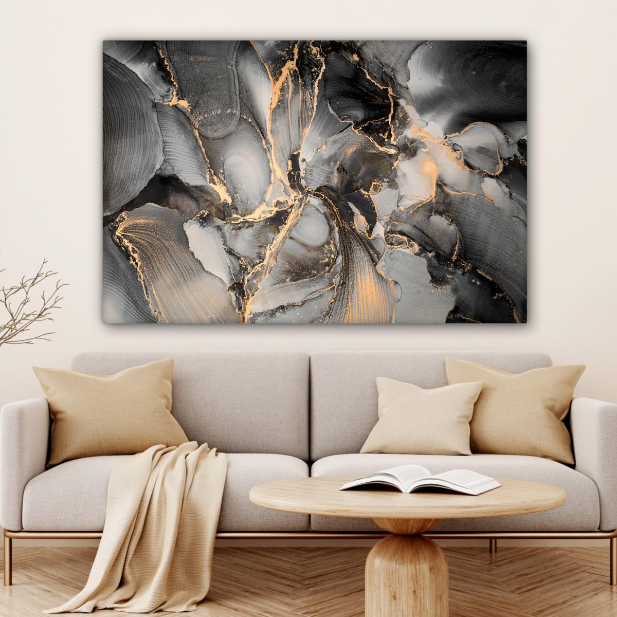 LEINWANDBILD Grau - Luxus - Gold - Marmor Groß 140x90 cm - Dunkelgrau, Textil (140/90cm) - MuchoWow