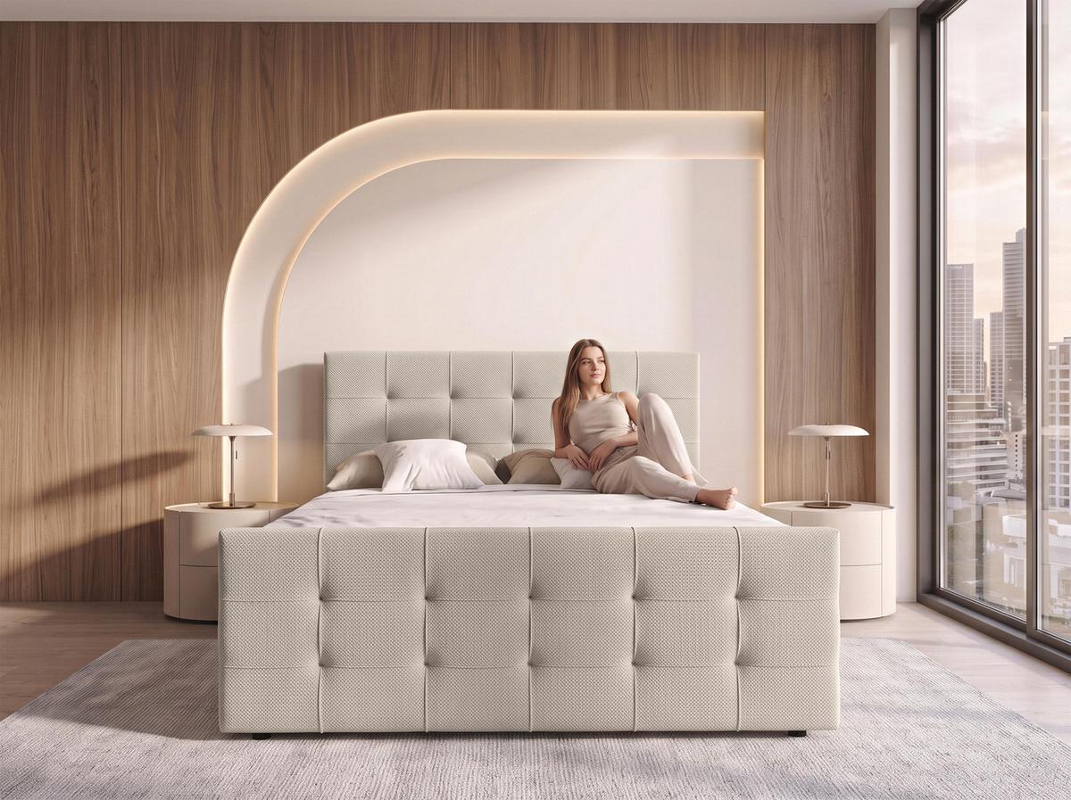 BOXBETT DEFNE 140x200 cm mit Fußteil und Matratze - Beige + TOPPER - Beige/Schwarz, Holz/Holzwerkstoff (140/200cm) - AX Living