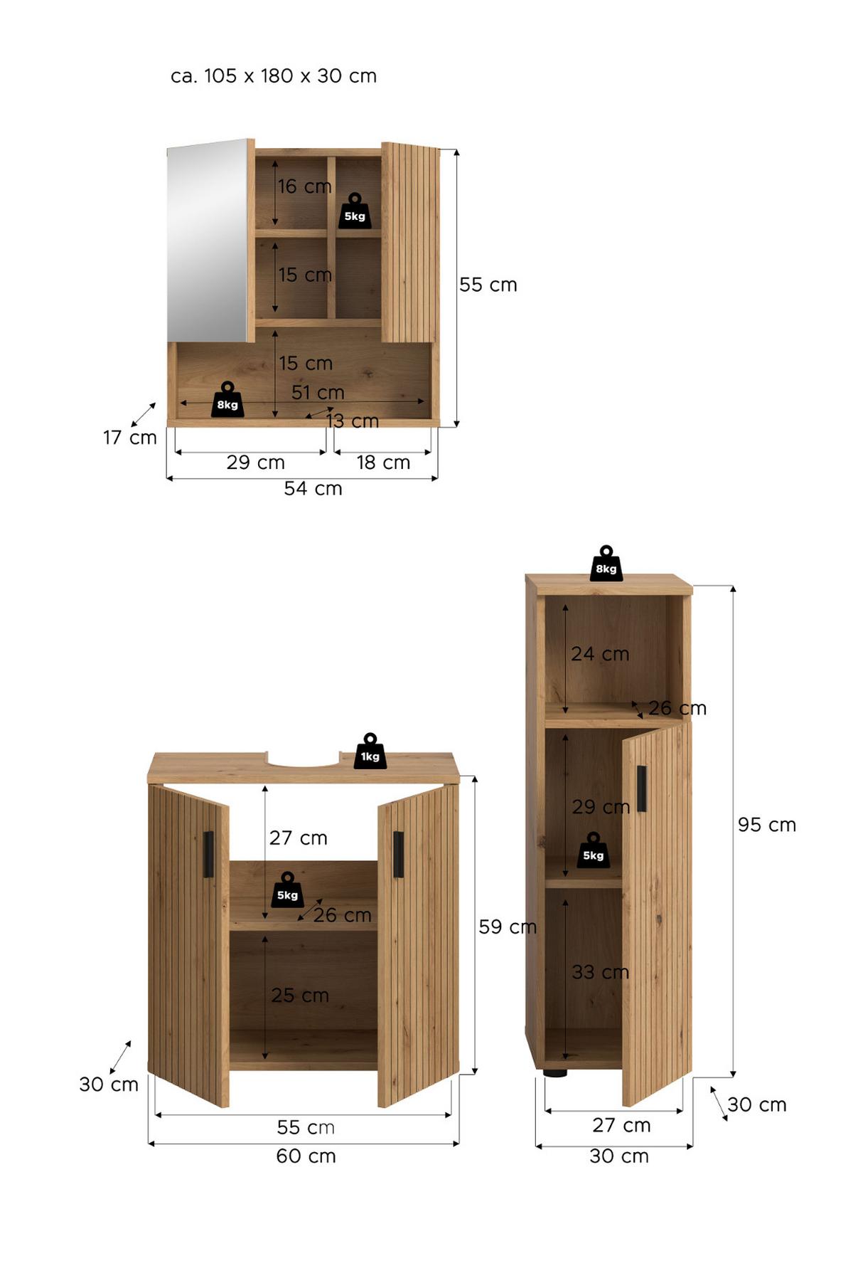 BADMÖBEL-SET Eiche Artisan 3-teilig 105 cm, Badkombination mit Rillen - Schwarz/Eiche Artisan, Glas/Holzwerkstoff (105/180/30cm) - Inn.Furn