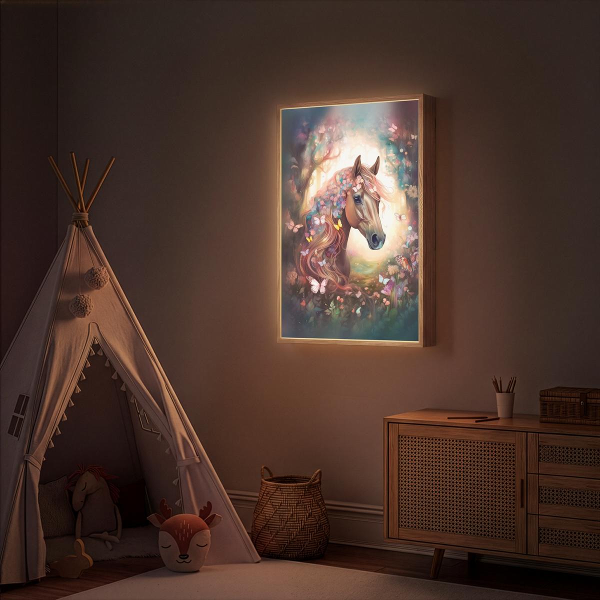 NACHTTISCHLAMPE MIT AKKU Pferd - Natur - Blumen - Schmetterlinge - Wald 70x100 cm - Dunkelbraun, Holzwerkstoff (8/70/100cm) - OnlyWow
