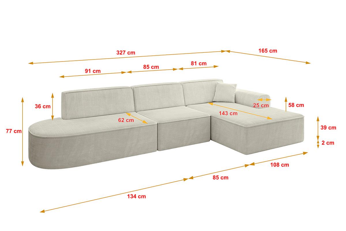 ECKSOFA Ottomane Rechts IREA-L2-v3 - 327x165x77 cm Creme - Ecru/Creme, Holzwerkstoff/Textil (327/165cm) - ALTDECOR