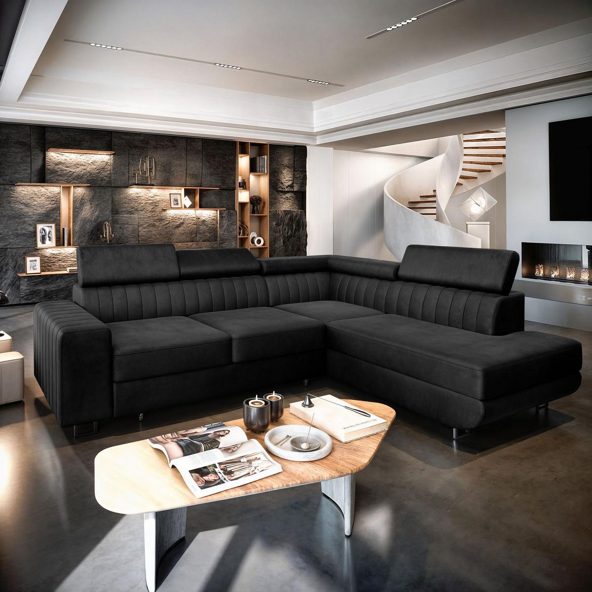 ECKSOFA NOLA R-S Schwarz Velours-Stoff mit Schlaffunktion - Silberfarben/Schwarz, Holz/Textil (253/190cm) - MASSENO