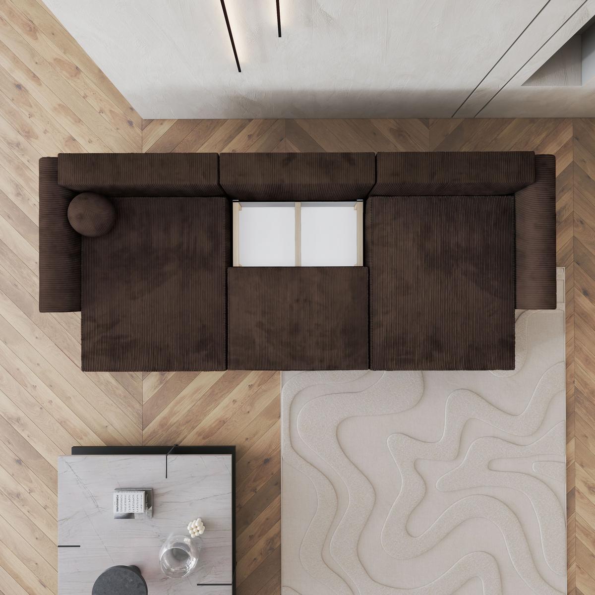 WOHNLANDSCHAFT FENTO P Braun Kordstoff mit Schlaffunktion - Braun/Grau, Holz/Kunststoff (347/90/148cm) - MASSENO