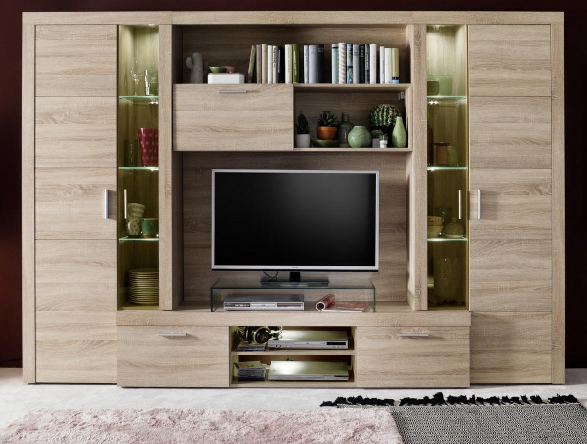 WOHNWAND Sonoma Eiche hell 291 cm, Schrankwand inklusive Beleuchtung - Eichefarben/Silberfarben, Glas/Holzwerkstoff (291/197/41cm) - Top.Furn