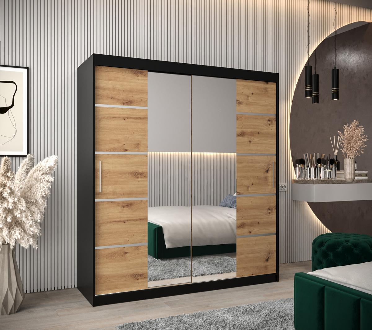 SCHWEBETÜRENSCHRANK 200/180/62 2-türig - Silberfarben/Schwarz, Holz/Kunststoff (180/200/62cm) - MÖBEL KRYSPOL
