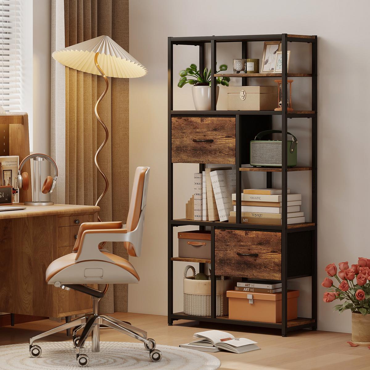 STANDREGAL mit 2 Stoffschubladen 9 offenen Fächern Braun - Dunkelbraun/Schwarz, Holzwerkstoff/Metall (30/150/72.5cm) - HOMCOM