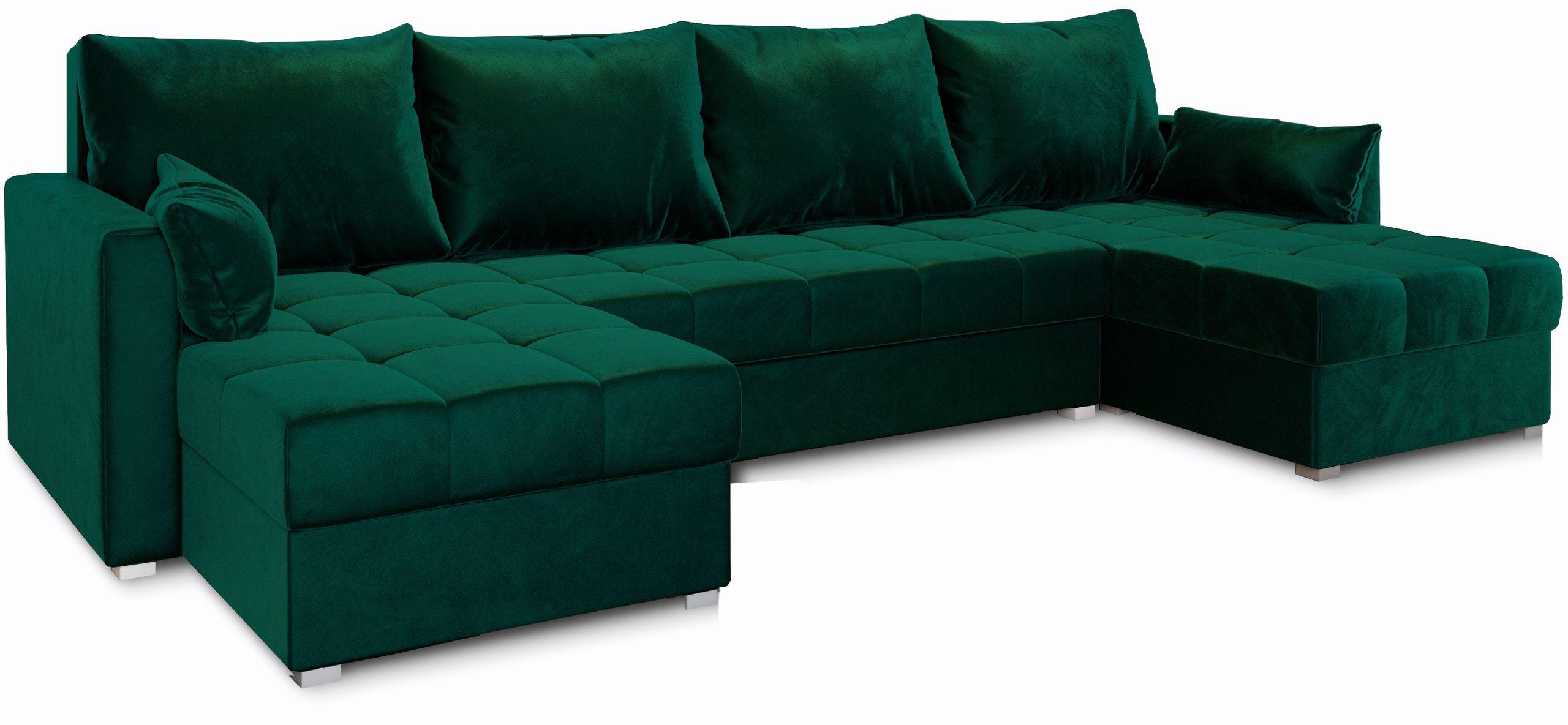 WOHNLANDSCHAFT NAKO Grün Plüsch-Stoff mit Schlaffunktion - Grau/Grün, Holz/Kunststoff (285/85/140cm) - MASSENO