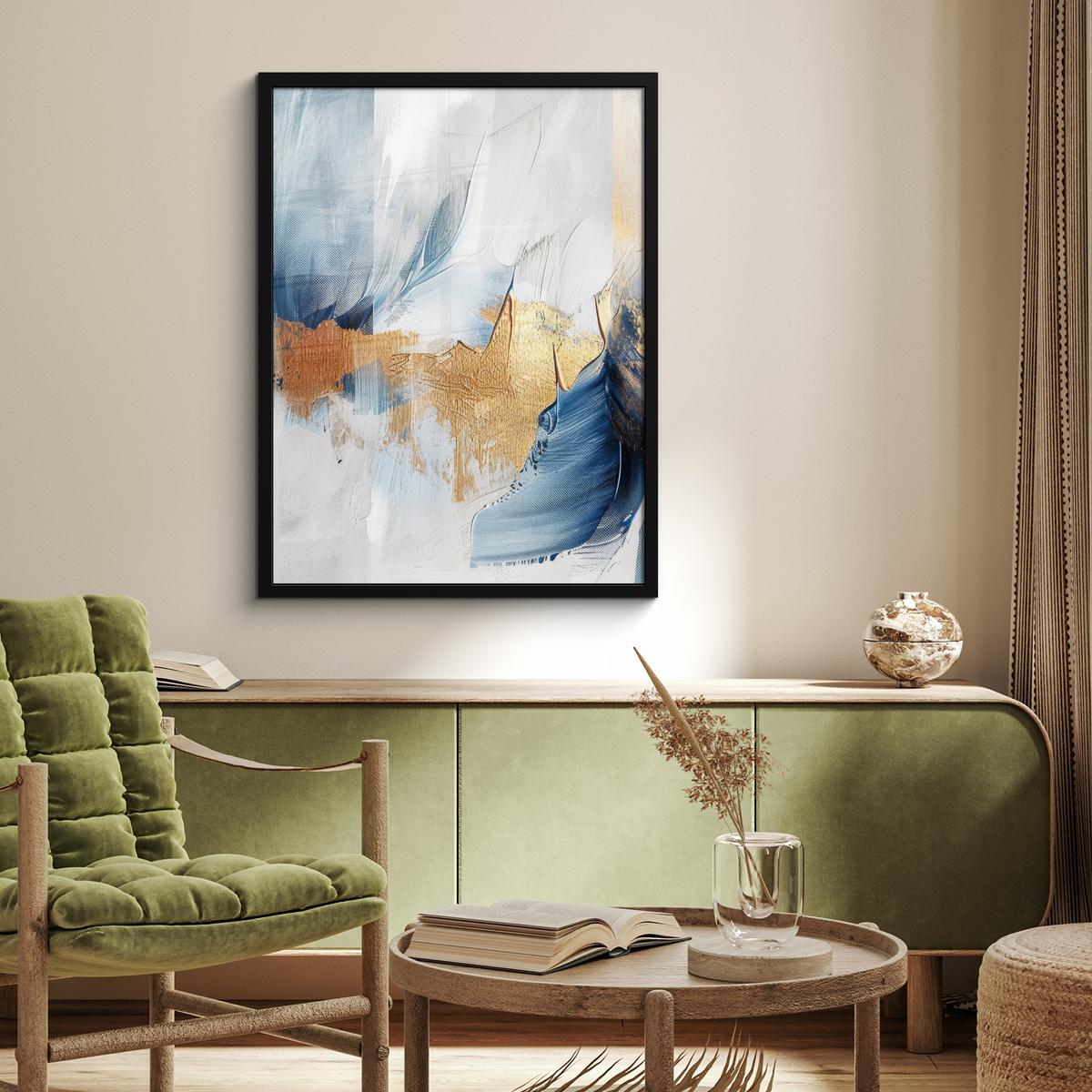 POSTER MIT RAHMEN Gold - Blau - Aquarell - Kunst - Modern Posterleiste 60x80 cm - Hellblau, Papier (60/80cm) - MuchoWow