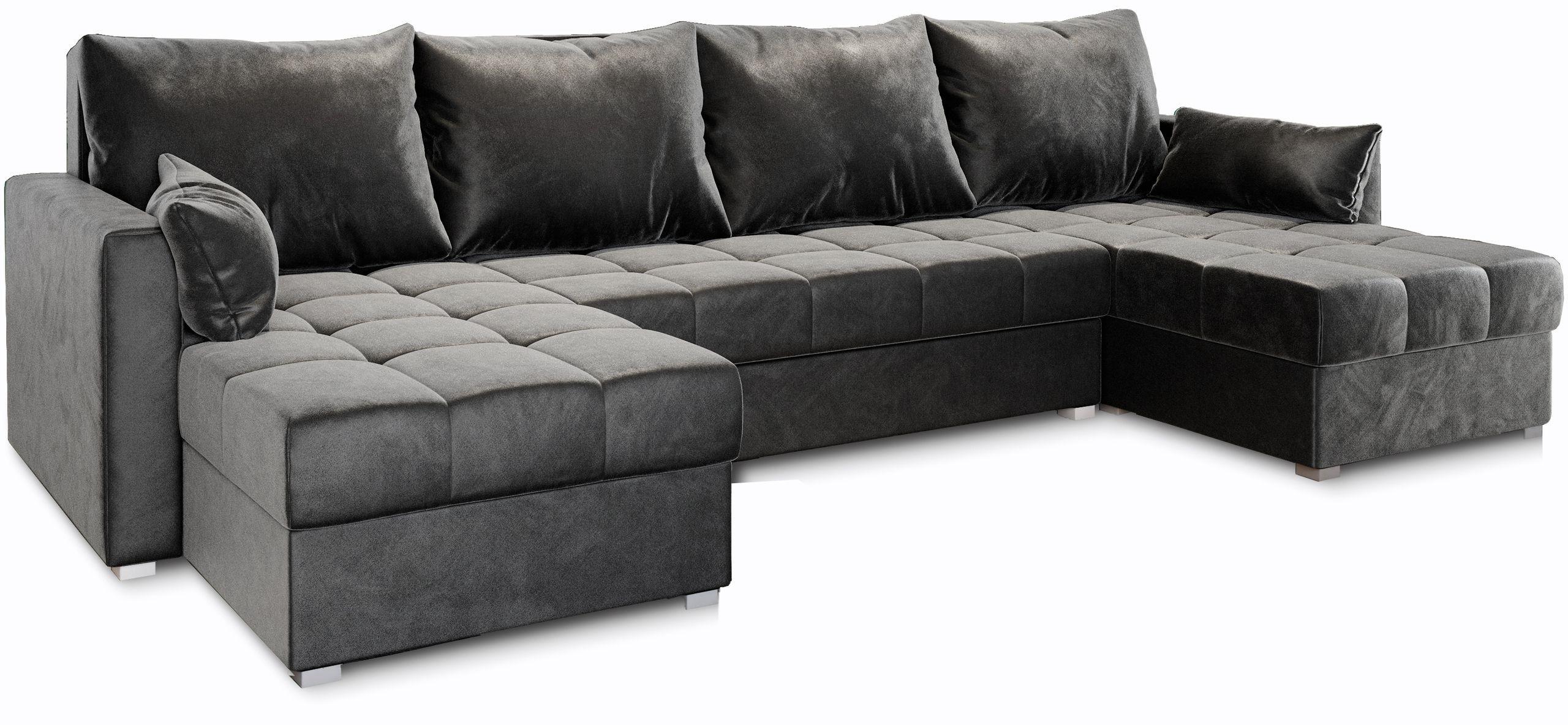 WOHNLANDSCHAFT NAKO Grau Plüsch-Stoff mit Schlaffunktion - Grau, Holz/Kunststoff (285/85/140cm) - MASSENO