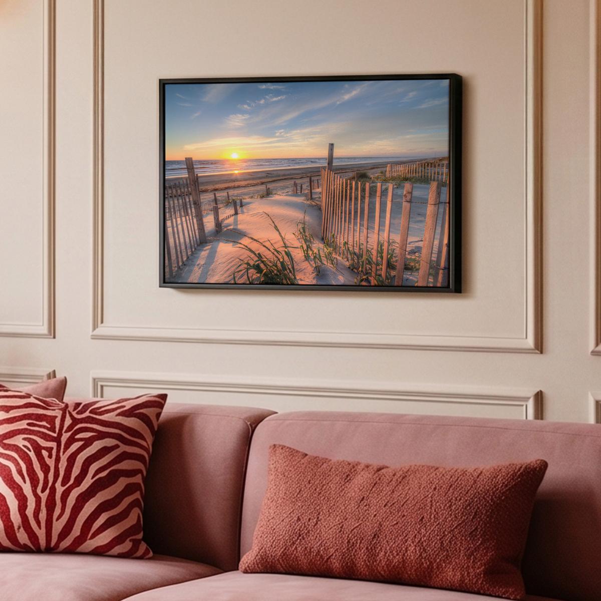 LEINWAND Bilder mit Rahmen - Strand - Meer - Düne - Sonnenuntergang - Landschaft - 60x40 - Beige, Textil (60/40cm) - MuchoWow