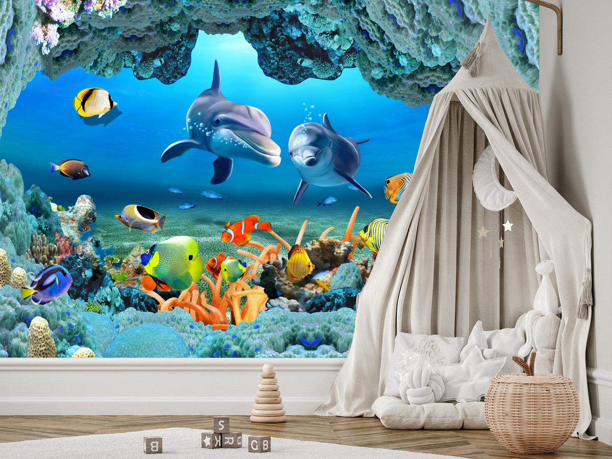 FOTOTAPETE für Badezimmer Unterwasser Korallenriff Delfin Fisch 150x105 - Türkis/Gelb, Papier (150/105cm) - Muralo
