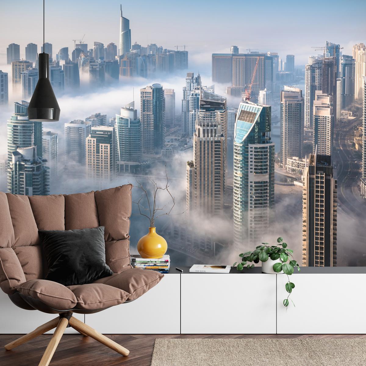 FOTOTAPETE für Büro Dubai Nebel Wolkenkratzer Skyline Panorama 400x280 - Blau/Beige, Papier (400/280cm) - Muralo
