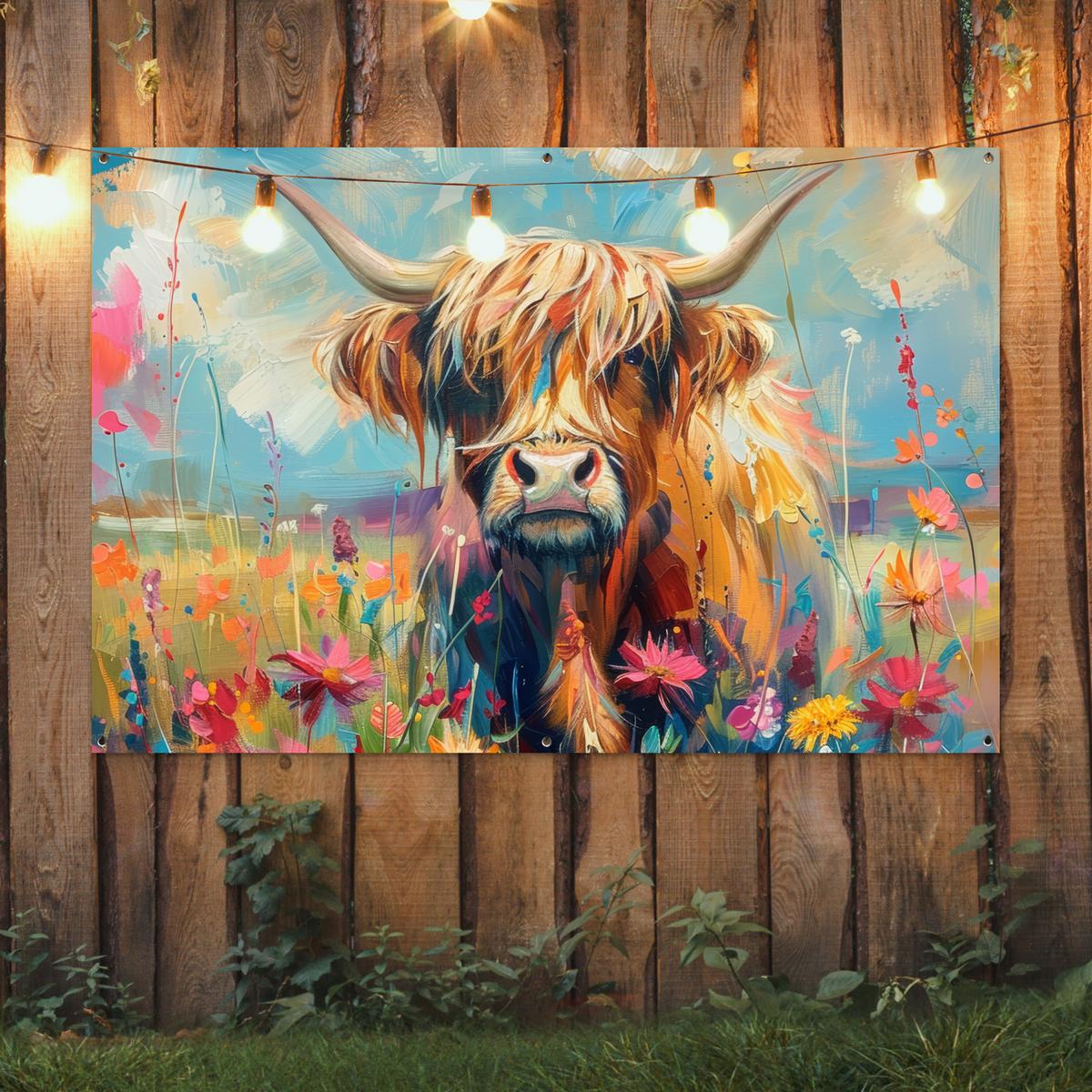 GARTENPOSTER Schottische Hochländer - Natur - Farbenfroh - Blumen Poster für draußen 180x120 cm - Hellblau, Kunststoff (180/120/0.2cm) - OnlyWow