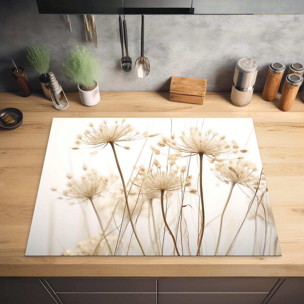 HERDABDECKPLATTE Blumen - Weiß - Sonnenlicht Induktionsmatte 77x59 cm - Ecru, Kunststoff (77/59/0.2cm) - MuchoWow