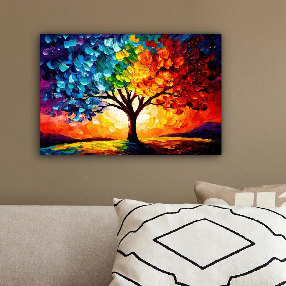 LEINWANDBILD Baum - Kunst - Natur - Sonnenuntergang Deko Schlafzimmer 30x20 cm - Multicolor, Textil (30/20cm) - MuchoWow