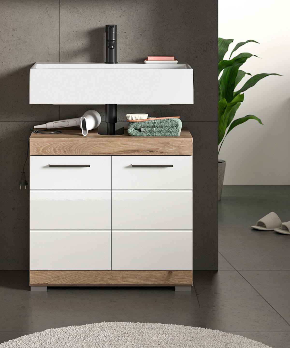 WASCHBECKENUNTERSCHRANK weiß Hochglanz, Eiche 60 cm, 2-türig - Chromfarben/Weiß Hochglanz, Holzwerkstoff/Kunststoff (60/56/31cm) - Inn.Furn