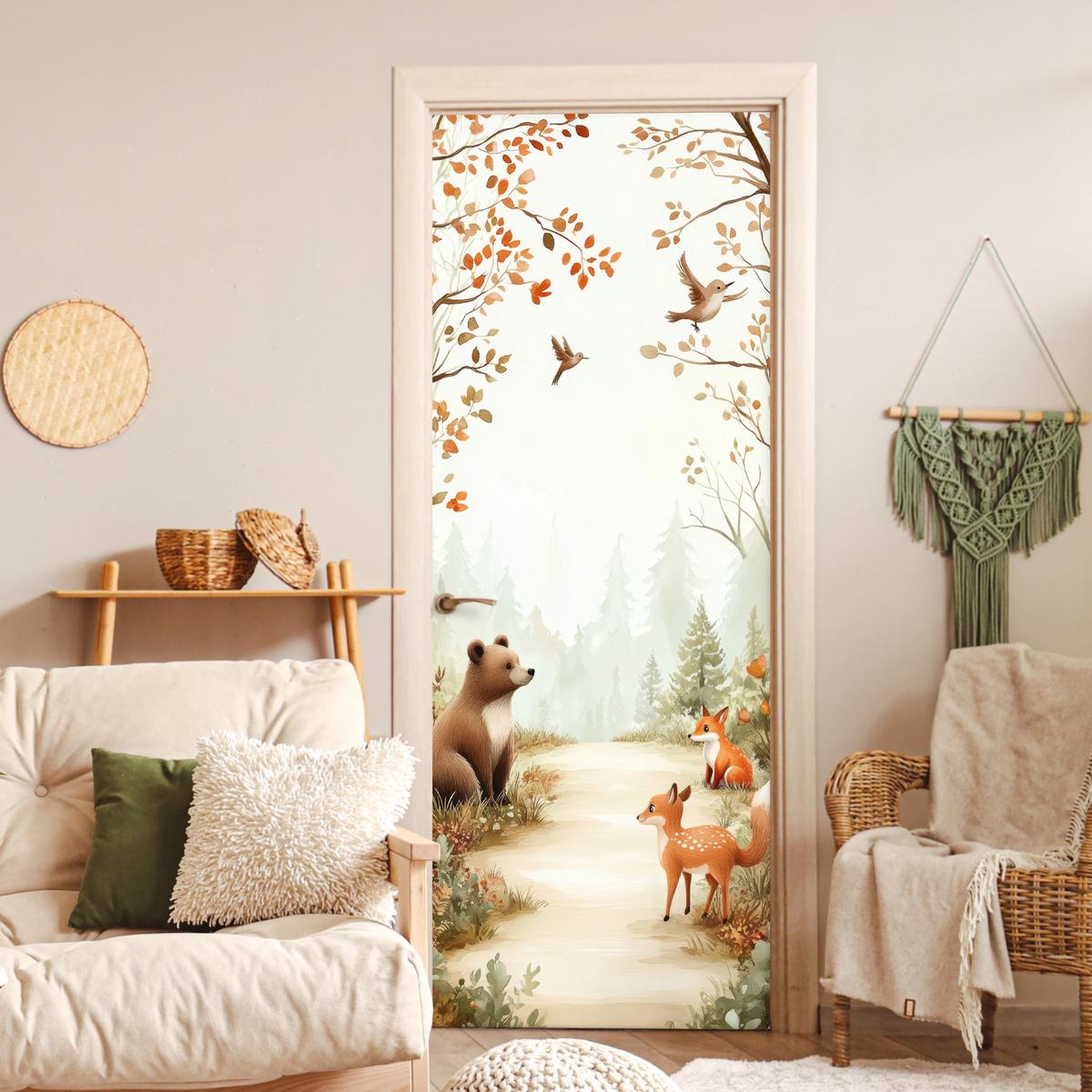 TÜRAUFKLEBER Wald - Herbst - Waldtiere - Bär - Fuchs 90x235 cm - Türtapete - Kastanienfarben, Kunststoff (90/0.1cm) - MuchoWow