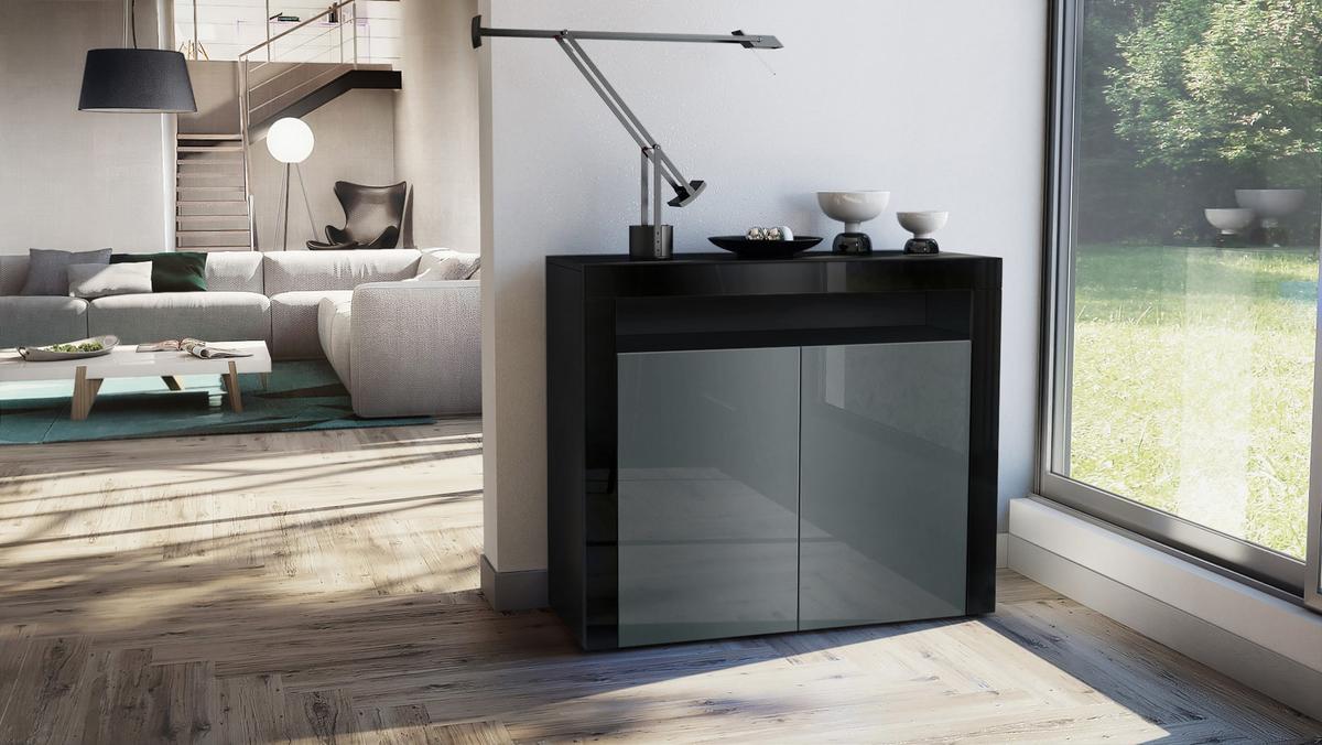 KOMMODE Valencia Grau Hochglanz / Schwarz Hochglanz - Schwarz/Grau, Holzwerkstoff (108/92/40cm) - Vladon