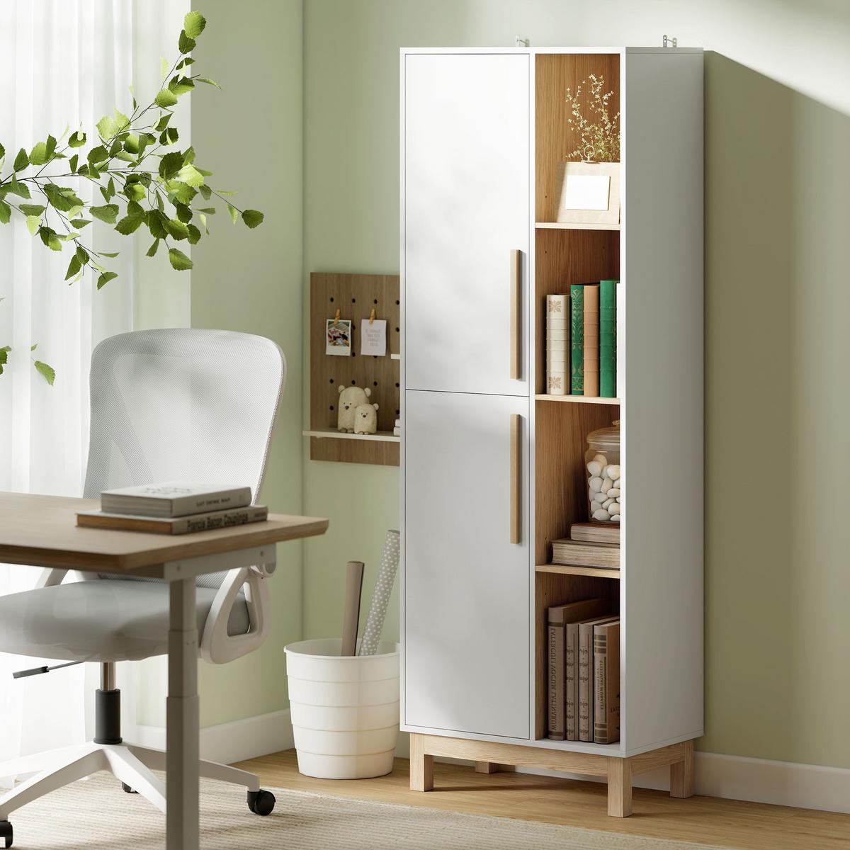 BÜCHERREGAL mit 2 Türen Standregal mit 4 Offenen Ebenen Verstellbaren Ablagen - Multicolor/Weiß, Holzwerkstoff (35/176/62.5cm) - HOMCOM
