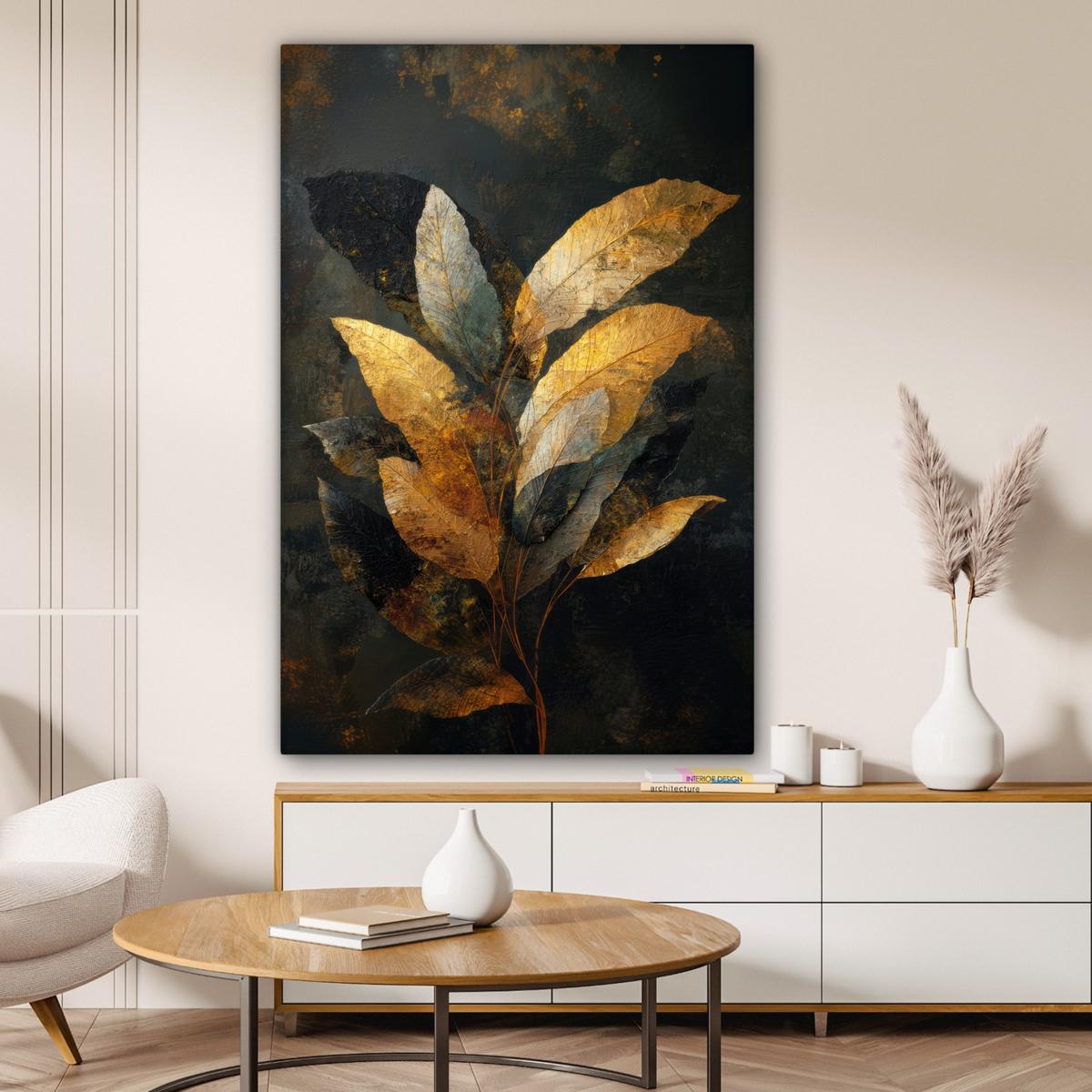 LEINWANDBILD Golden Leaf Komposition - Botanical Luxury Deko Groß 90x140 cm - Goldfarben/Schwarz, Textil (90/140cm) - MuchoWow