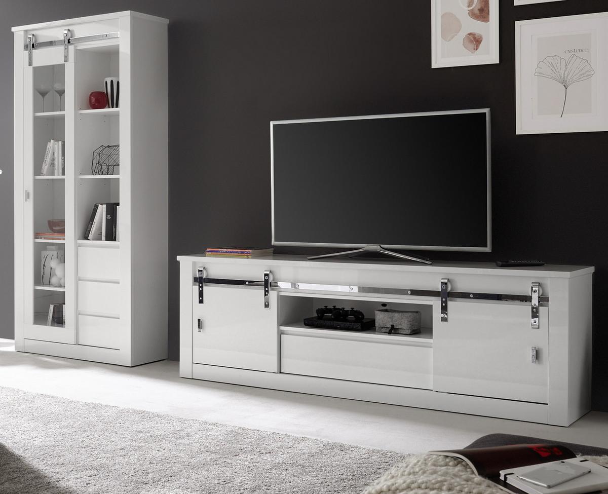 WOHNWAND weiß Hochglanz 2-teilig 309 x 201 cm, Wohnkombination mit Soft-Close - Chromfarben/Weiß Hochglanz, Glas/Holzwerkstoff (309/201/43cm) - Furn.Design