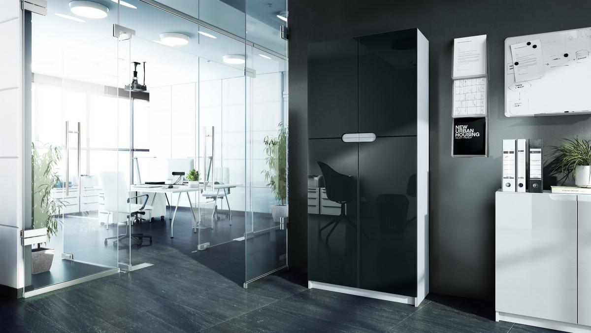 BÜROSCHRANK Logan Fronten in Schwarz Hochglanz - Schwarz Hochglanz, Holzwerkstoff (82/184/37cm) - Vladon