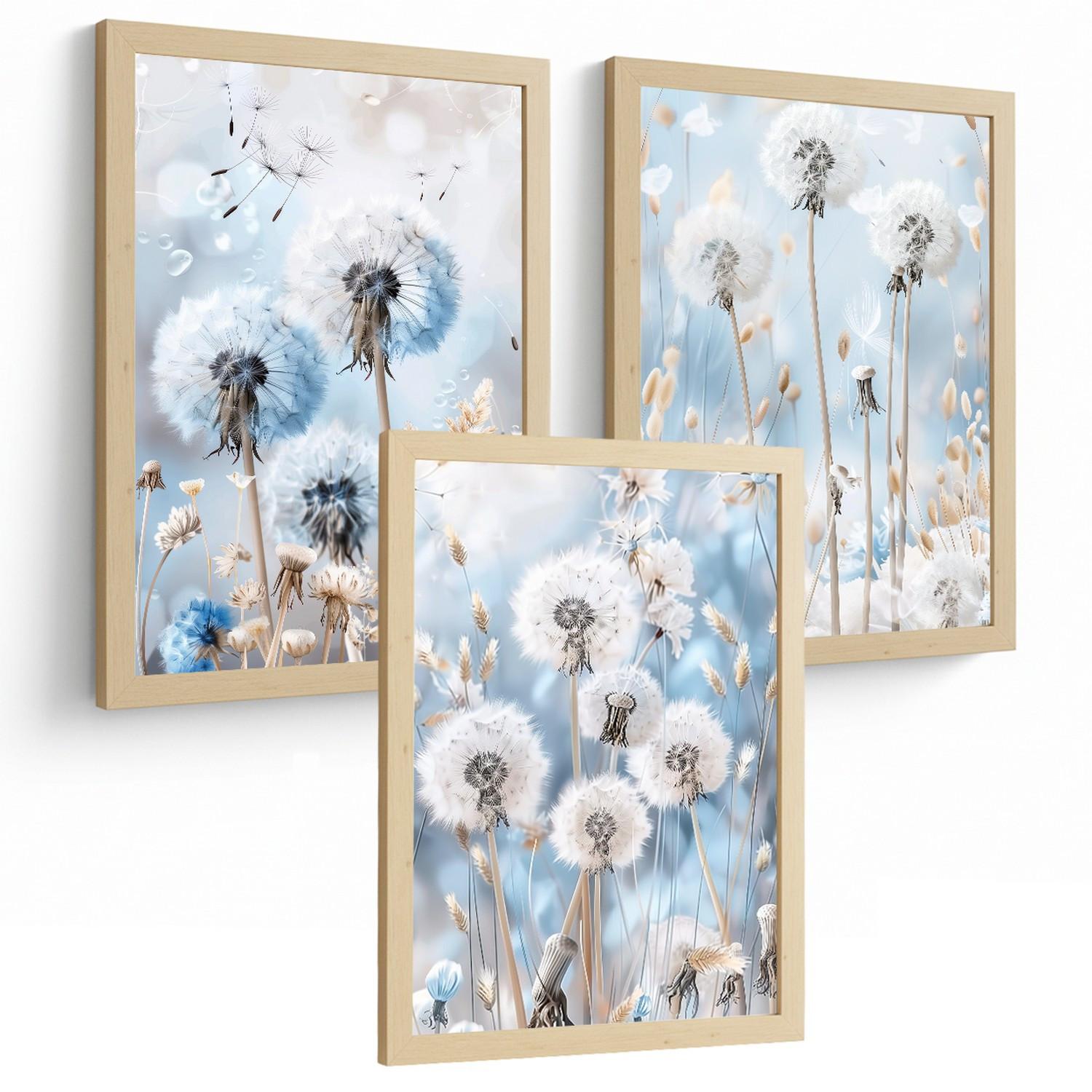 POSTER 3er Kunstdruck-Set Wandbilder Floral Blau modern Wohnzimmer Deko, Schlafzimmer, Küche, Badezimmer Leichter Holzrahmen A3 - Beige, Papier (29.7/1/42cm) - Nacnic