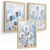 POSTER 3er Kunstdruck-Set Wandbilder Floral Blau modern Wohnzimmer Deko, Schlafzimmer, Küche, Badezimmer Leichter Holzrahmen A3 - Beige, Papier (29.7/1/42cm) - Nacnic