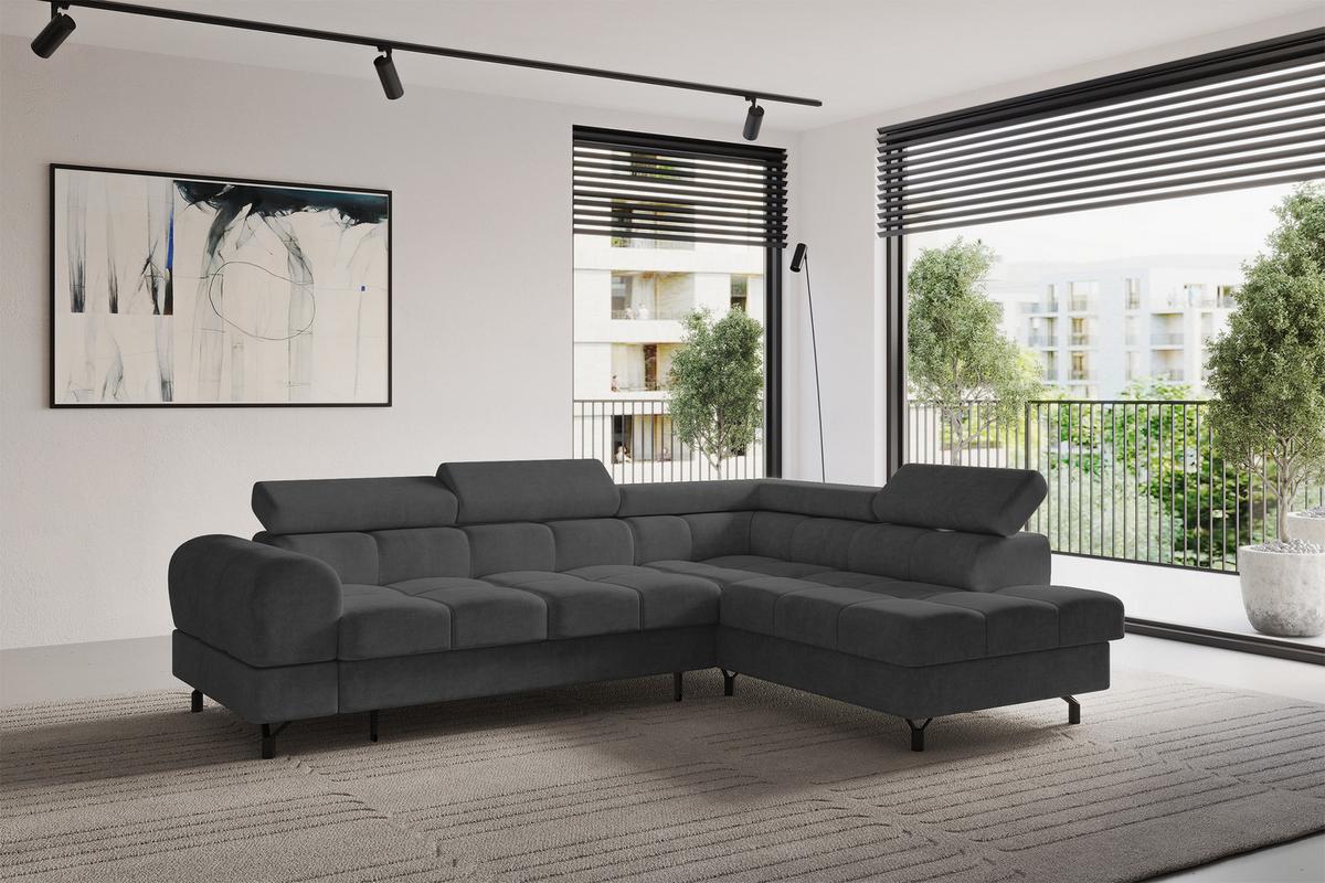 ECKSOFA mit Schlaffunktion Ottomane Rechts LUMA-L 272x203x70 Dunkelgrau Velours - Dunkelgrau/Schwarz, Holzwerkstoff/Kunststoff (203/272cm) - ALTDECOR