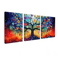 LEINWANDBILD 3er Set Bunt - Baum des Lebens - Blumen - Abstrakt 90x40 cm - Blau, Textil (90/40cm) - MuchoWow