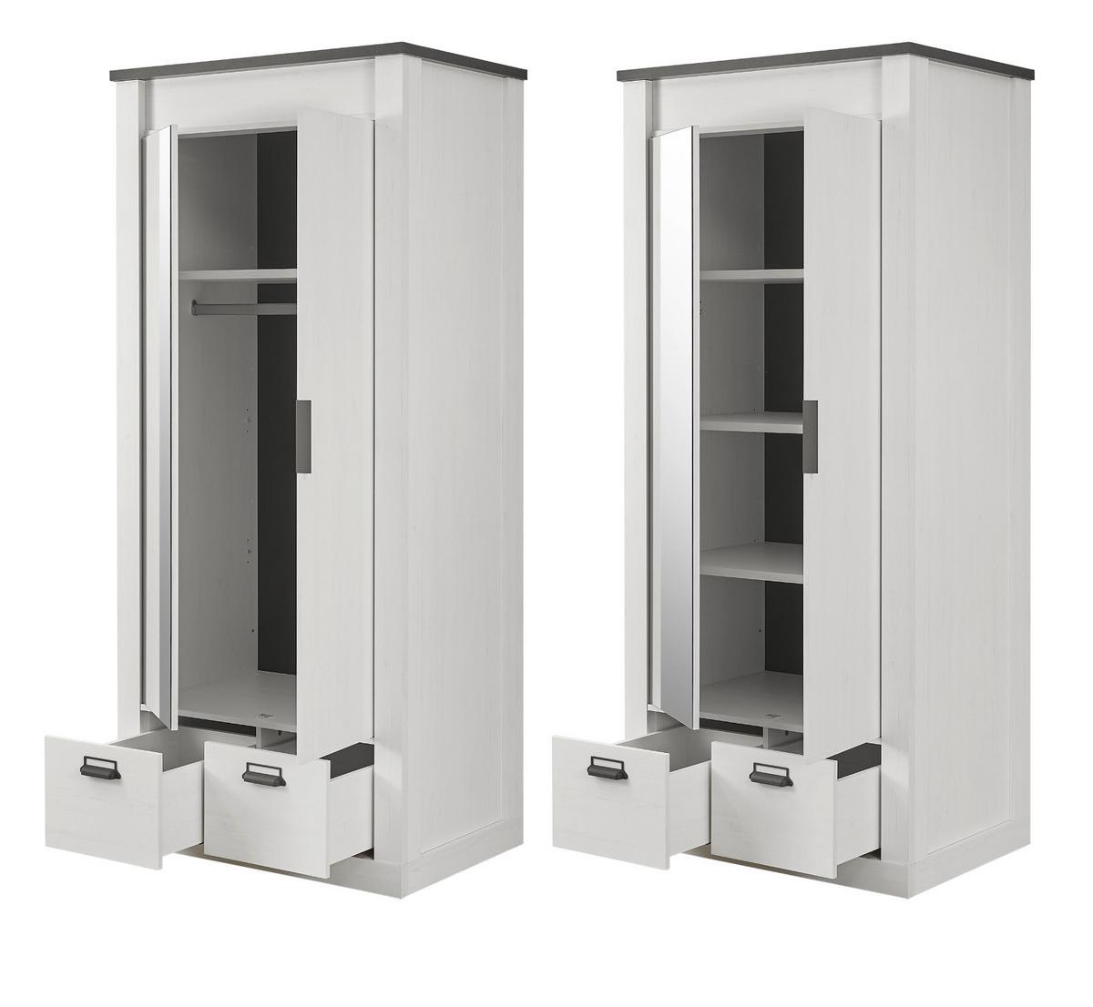 KLEIDERSCHRANK weiß Pinie, anthrazit Landhaus, Drehtürenschrank 2-türig mit Spiegel 93 x 209 cm - Anthrazit/Weiß, Holzwerkstoff/Metall (93/209/63cm) - Furn.Design
