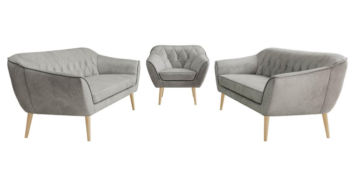SITZGARNITUR PIRS 3+3+1 - Hellgrau Velvet - Holzbeine - Buchefarben/Hellgrau, Holzwerkstoff/Textil (180/75/74cm) - MKS
