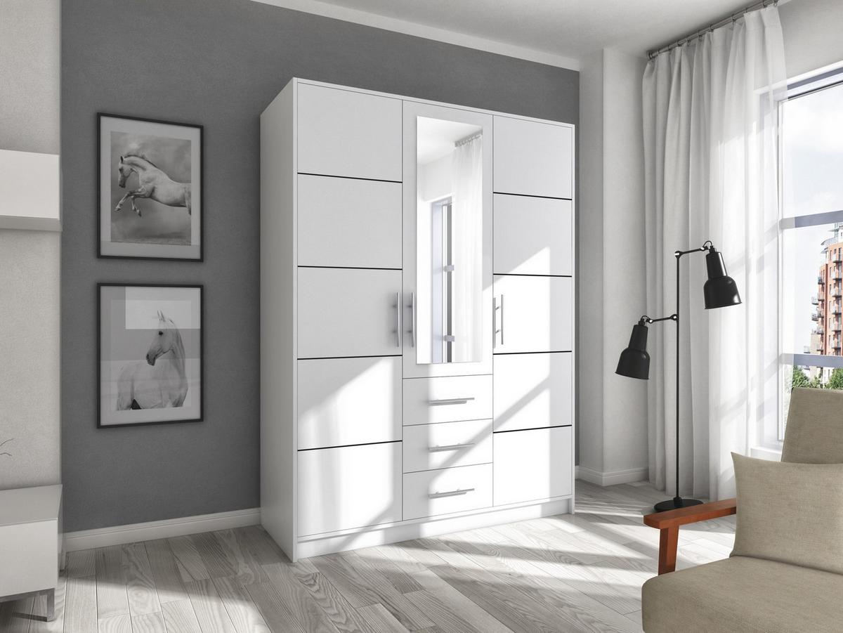 DREHTÜRENSCHRANK ELISE 147/200/57,5 cm 3-türig mit Spiegel Weiß - Weiß, Holzwerkstoff (147/200/57.5cm) - MASSENO