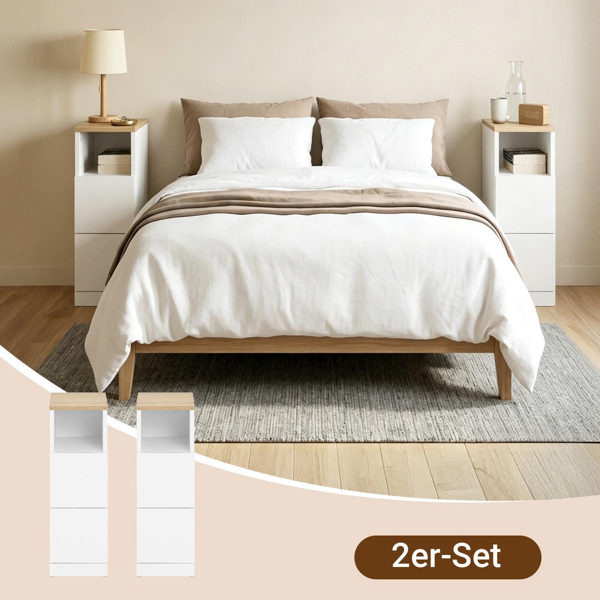 NACHTTISCH 2er Set, Beistelltisch mit 2 Schubladen, Weiß 20x35x60cm - Weiß, Holzwerkstoff (35/60/20cm) - SoBuy